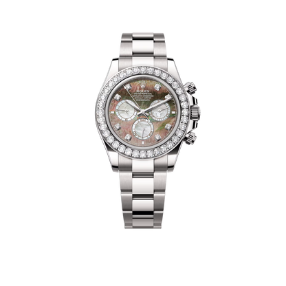 Daytona 40mm Oyster White Gold Black and White Mother of Pearl Diamond Dial & Bezel 126579RBR