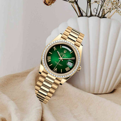Day-Date 40mm | 18k yellow gold President bracelet | Green ombré dial Diamond bezel | Mens Watch 228398TBR