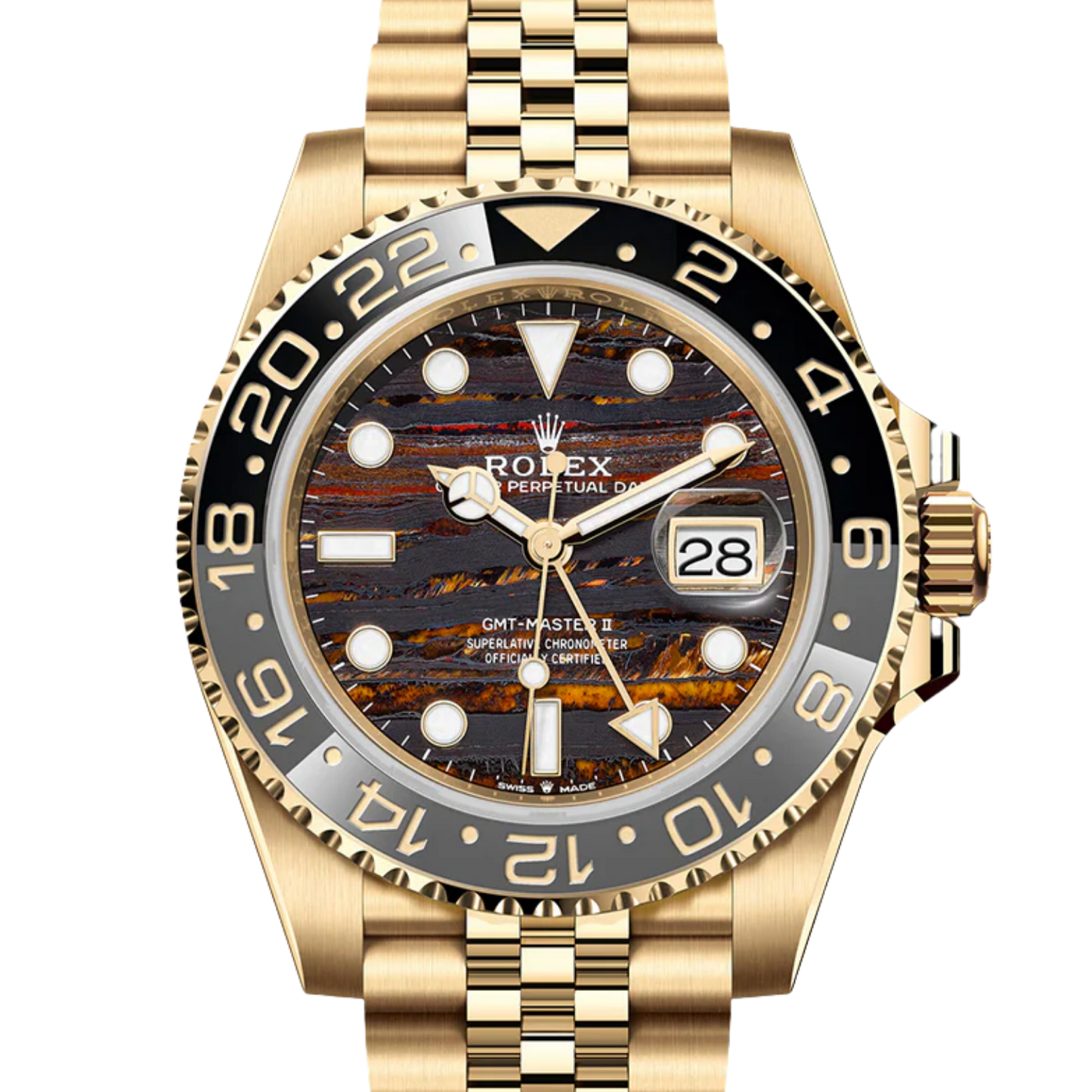 GMT-Master II 40mm Yellow Gold Tiger Iron Dial Jubilee 126718GRNR