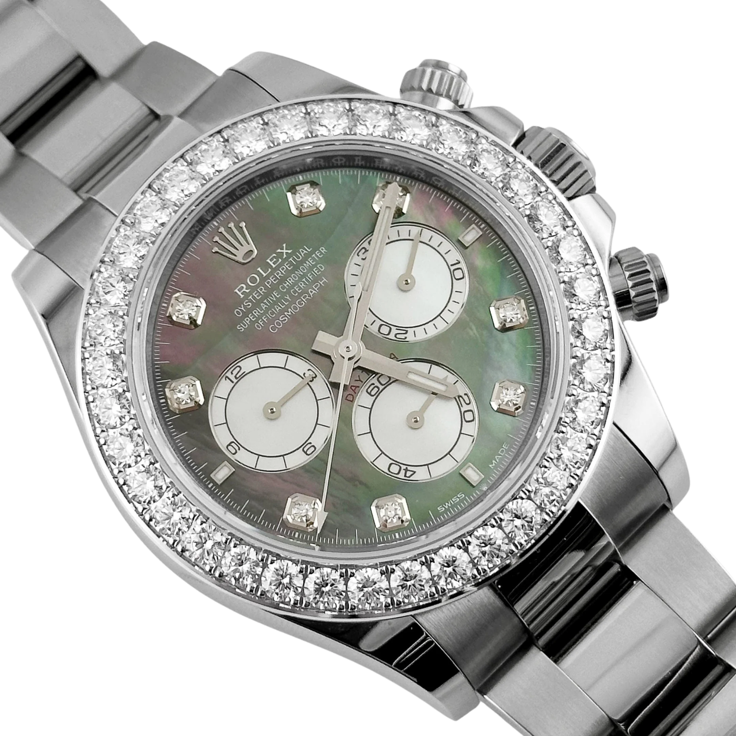 Daytona 40mm Oyster White Gold Black and White Mother of Pearl Diamond Dial & Bezel 126579RBR