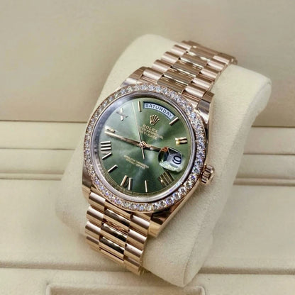 Day-Date President 40mm Everose Gold Olive Green Roman Dial Diamond Bezel - 228345RBR - New 2025