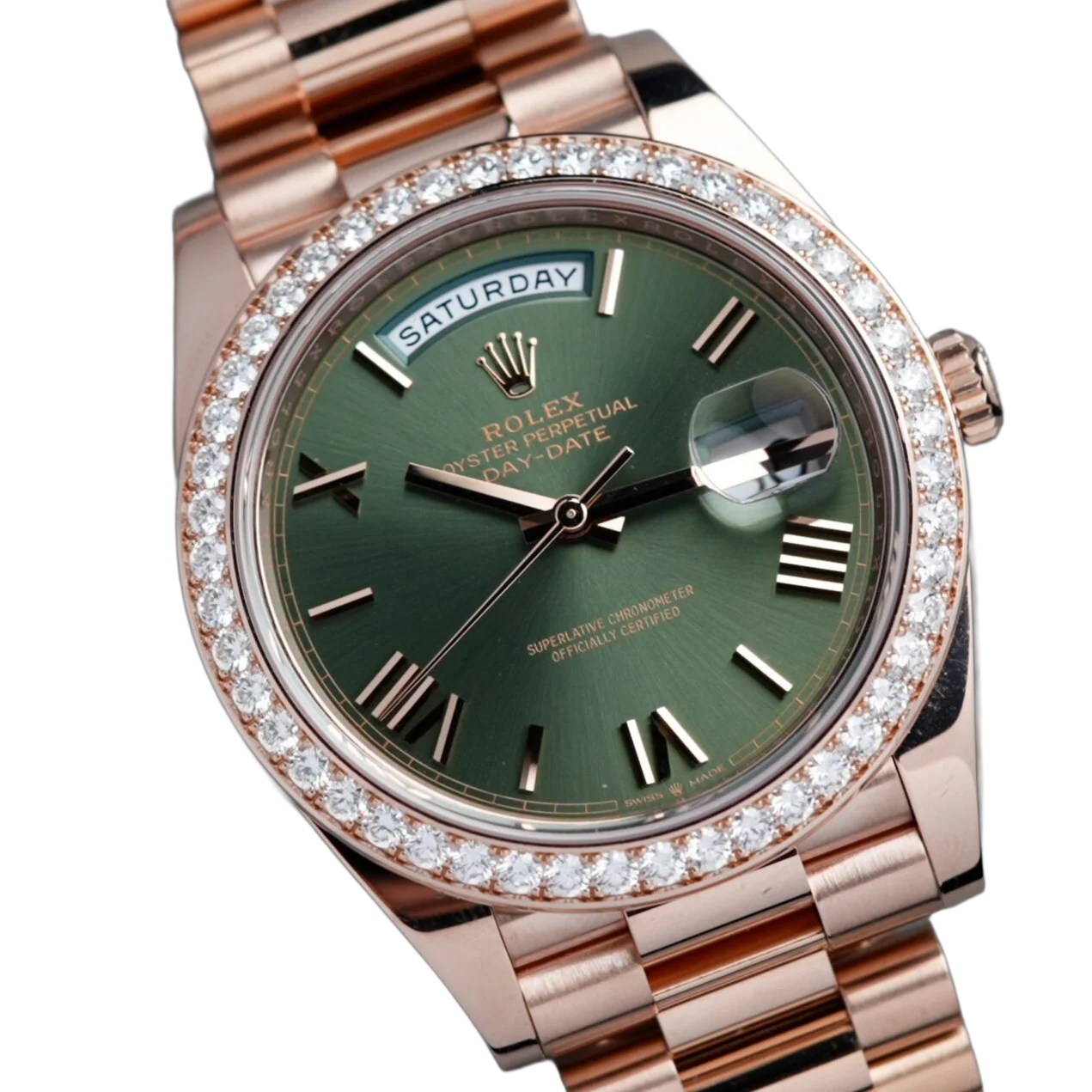 Day-Date President 40mm Everose Gold Olive Green Roman Dial Diamond Bezel - 228345RBR - New 2025