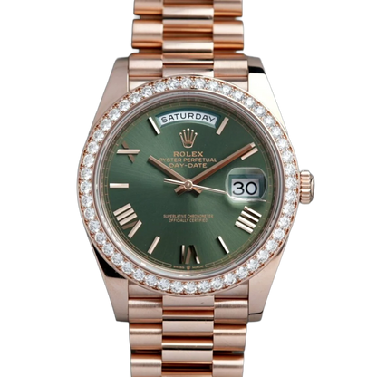 Day-Date President 40mm Everose Gold Olive Green Roman Dial Diamond Bezel - 228345RBR - New 2025