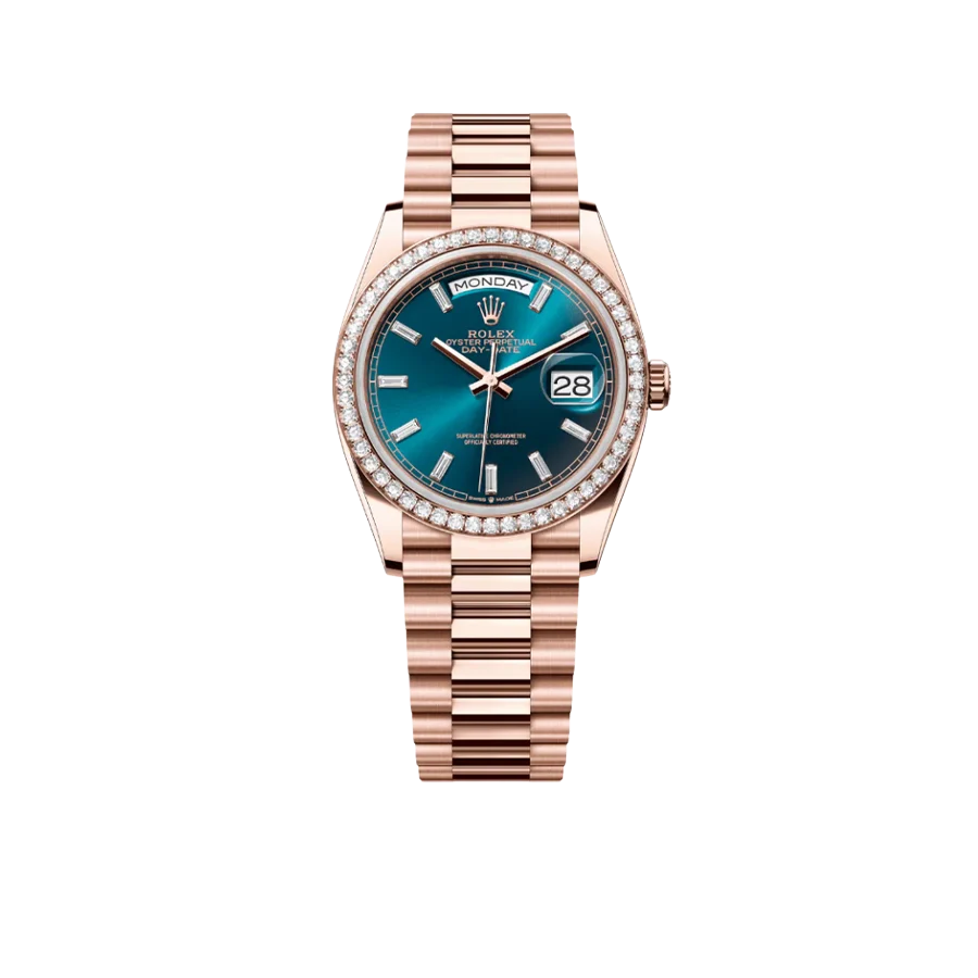 Day-Date 36mm 128345RBR Rose Gold Diamond Bezel Blue-Green Baguette Marker Dial