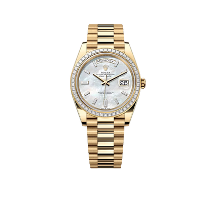 Day-Date 40 228398TBR Yellow Gold Mother of Pearl Diamond Baguette Dial and Bezel