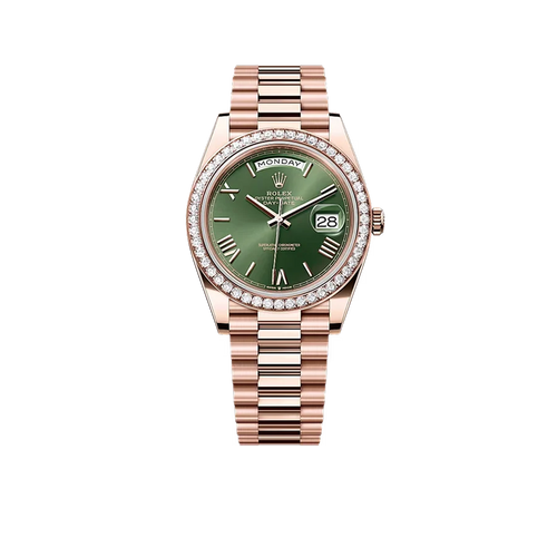 Day-Date President 40mm Everose Gold Olive Green Roman Dial Diamond Bezel - 228345RBR - New 2025