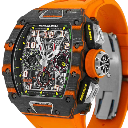 RM 11-03 McLaren Carbon TPT, Skeleton Dial, Orange Strap, 50 mm