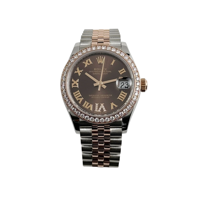 Lady-Datejust 31mm 278381RBR Stainless Steel Rose Gold Brown Roman Numerals Diamond Dial Diamond Bezel Jubilee