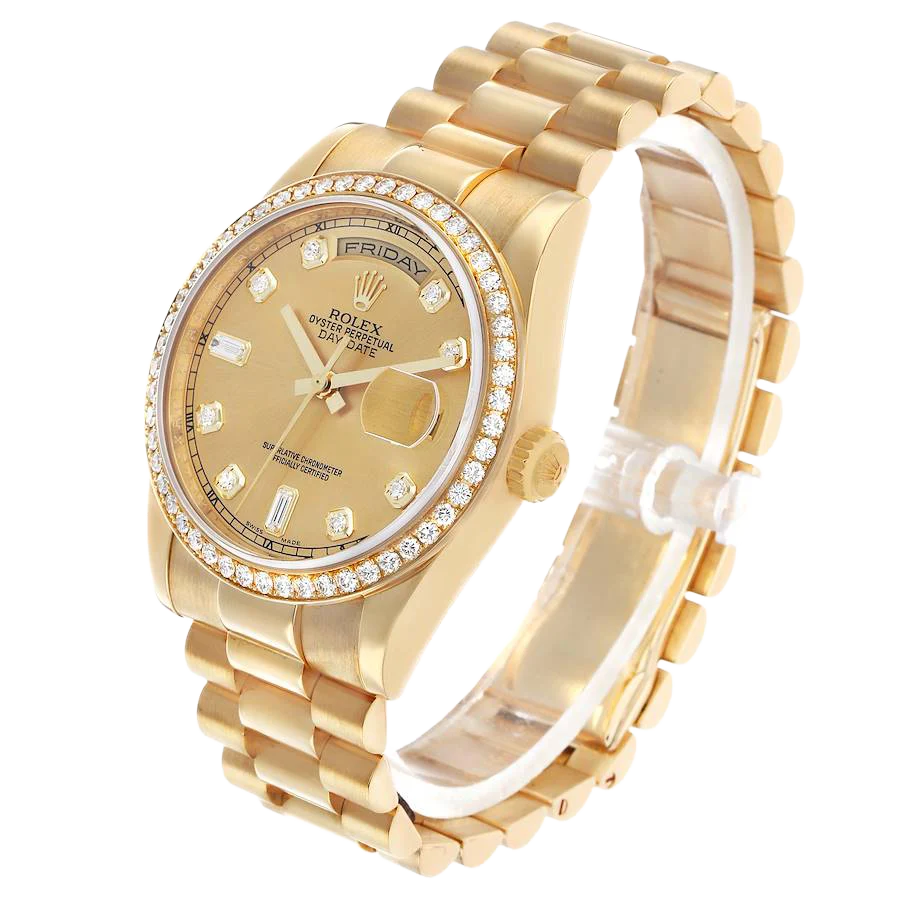 President Day-Date 36mm Yellow Gold Diamond Bezel Mens Watch 118348