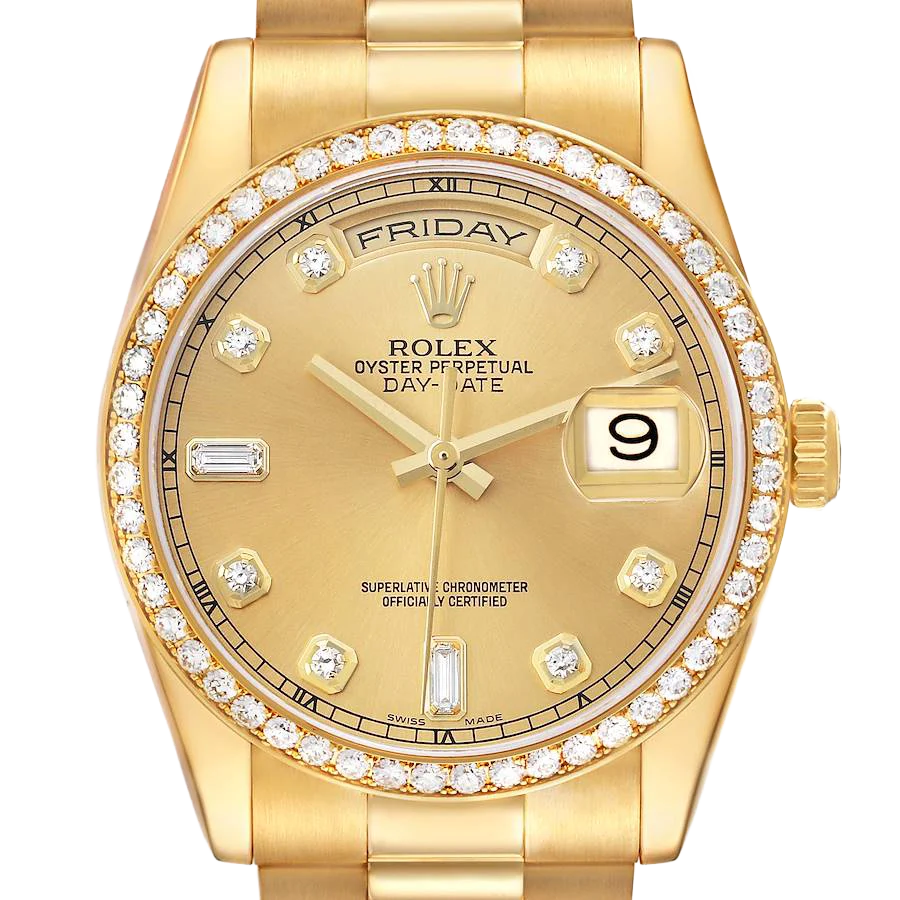 President Day-Date 36mm Yellow Gold Diamond Bezel Mens Watch 118348