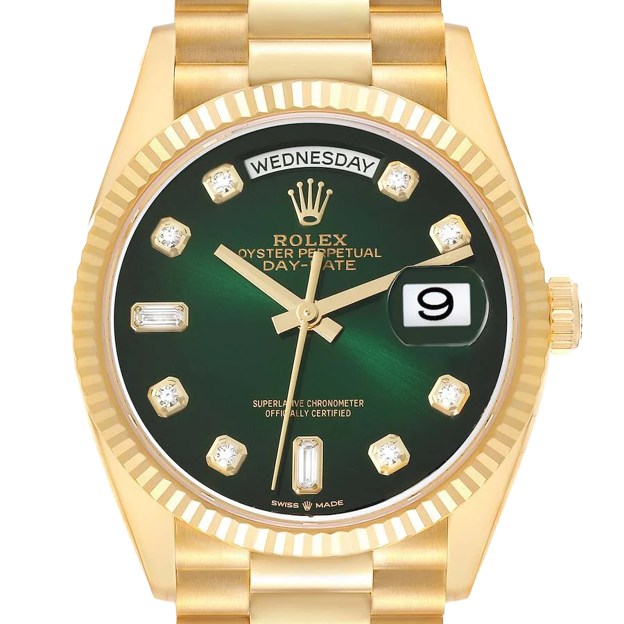 President Day-Date 36mm Yellow Gold Green Diamond Dial Mens Watch 128238
