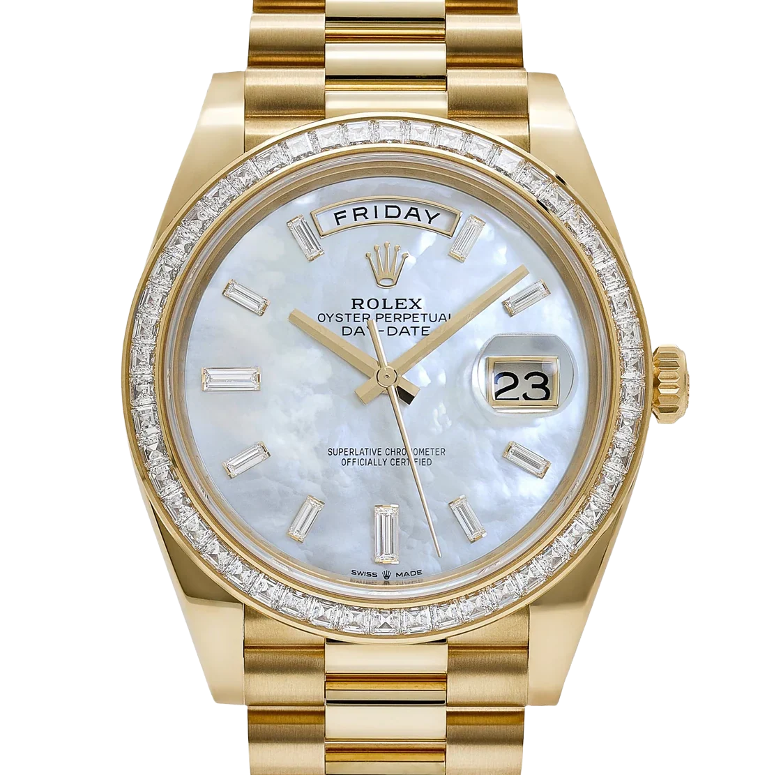 Day-Date 40 228398TBR Yellow Gold Mother of Pearl Diamond Baguette Dial and Bezel