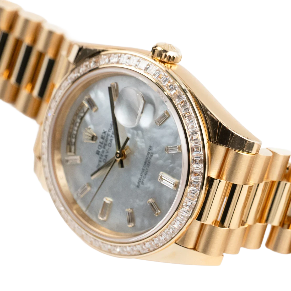 Day-Date 40 228398TBR Yellow Gold Mother of Pearl Diamond Baguette Dial and Bezel