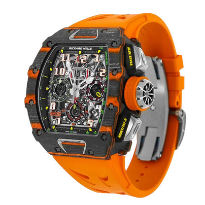 RM 11-03 McLaren Carbon TPT, Skeleton Dial, Orange Strap, 50 mm