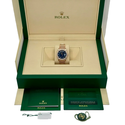 Day-Date 36mm 128345RBR Rose Gold Diamond Bezel Blue-Green Baguette Marker Dial